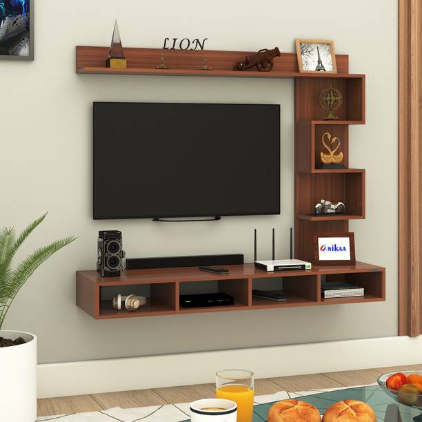 ANIKAA Laura Wall-Mount TV Unit Cabinet with Storage Box & Decorative Shelves Engineered Wood TV Entertainment Unit