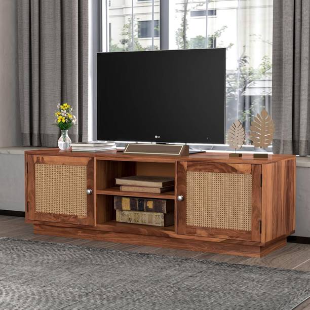 Deshnok Art Sheesham Wood TV Unit with Rattan Doors Entertainment Cabinet for Living Room Solid Wood TV Entertainment Unit