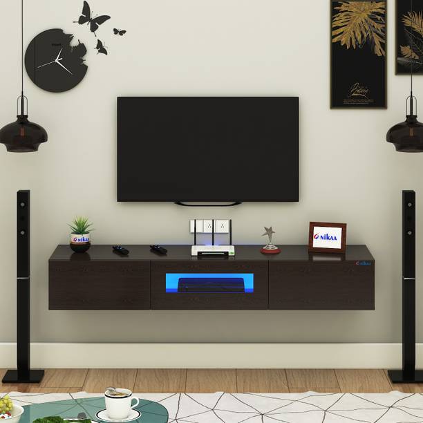FURNIWUD Lucen Wall Mount Modern Floating TV Unit with Storage Cabinet & Blue LED Light Engineered Wood TV Entertainment Unit