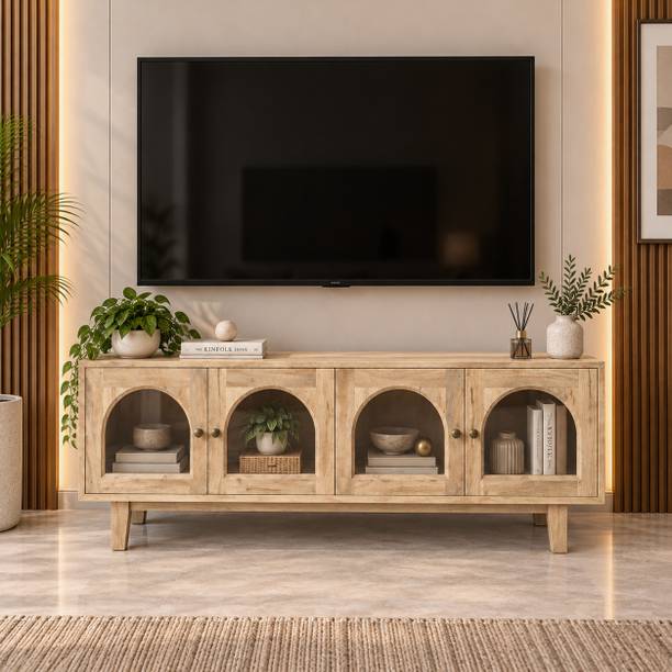 THE ATTIC The Attic Roman Solid Wood TV Cabinet with Storage, Natural Finish Solid Wood TV Entertainment Unit