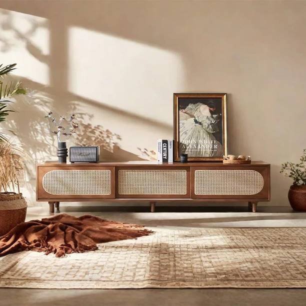 ISHIKA FURNITURE Velmont Mid-Century Modern TV Stand with Cane Webbing Door Panel Solid Wood TV Entertainment Unit