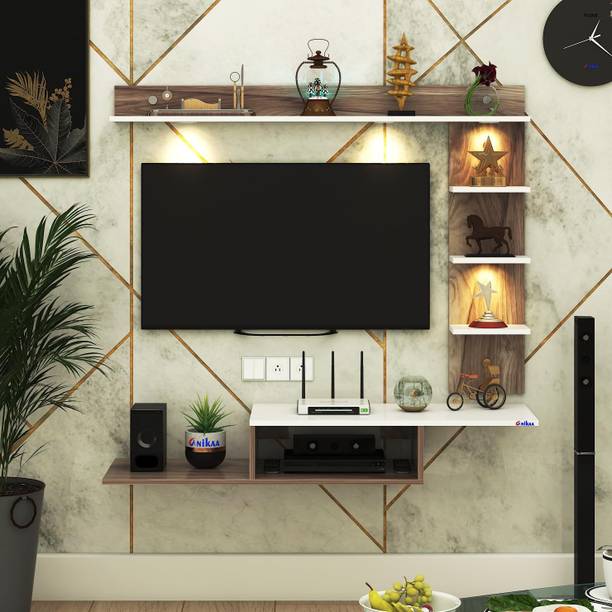 FURNIWUD Wintor Wall Mounted TV Unit with 4 LED Lights, Storage Box & Decorative Shelf Engineered Wood TV Entertainment Unit