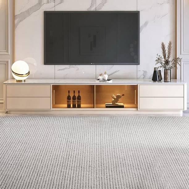 NG Decor 85" White Rectangle TV Stand Sintered Stone Top 4-Drawer Glass Doors Cabinet Engineered Wood TV Entertainment Unit