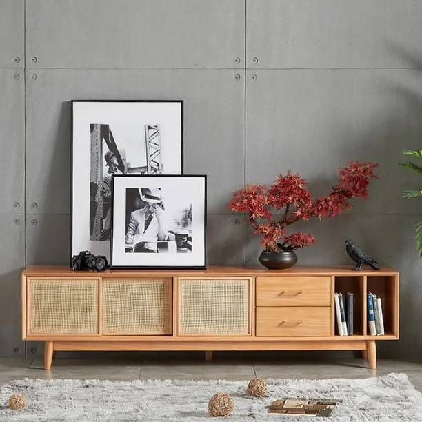 NG Decor TV Stand Media Console with Doors & Drawers & Shelf Rattan Woven in Small Engineered Wood TV Entertainment Unit