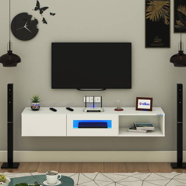 FURNIWUD Strix Wall Mount Modern Floating TV Unit with Storage Cabinet & Blue LED Light Engineered Wood TV Entertainment Unit