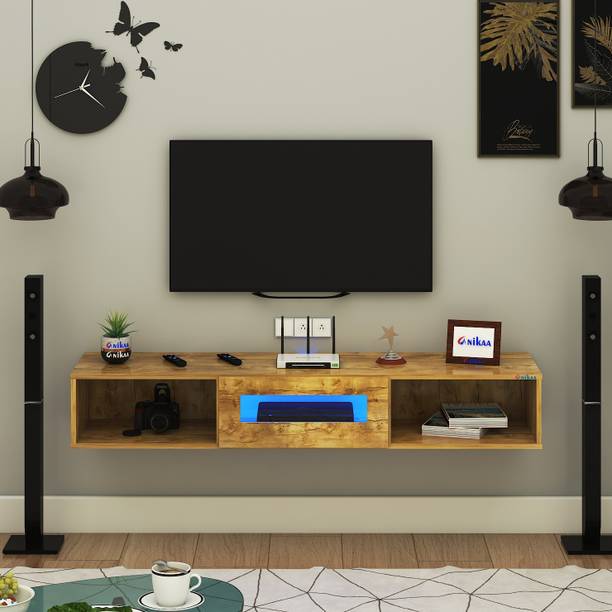 FURNIWUD Wall Mount Modern Floating TV Unit with Storage Cabinet & Blue LED Light Engineered Wood TV Entertainment Unit