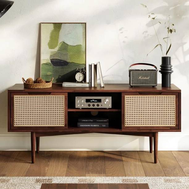 ISHIKA FURNITURE ZIVO Mid-Century Modern TV Stand with Cane Webbing Door Panels Solid Wood TV Entertainment Unit