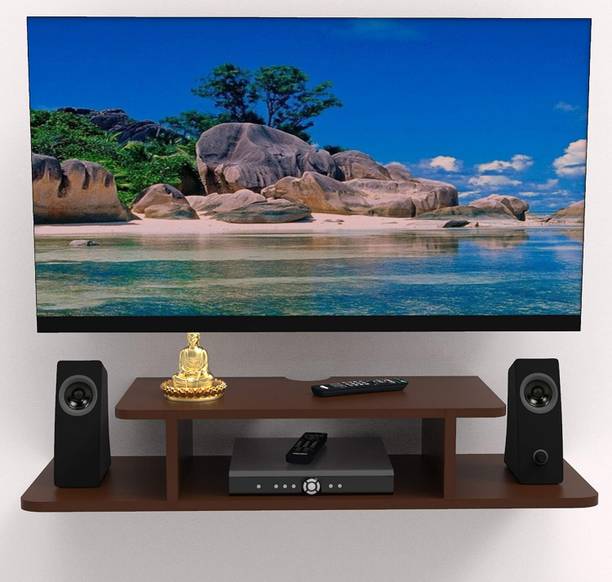 woodculture Wooden Wall Mounted TV Unit Shelf Set Top Box Stand with Storage Rack Wooden Wall Shelf