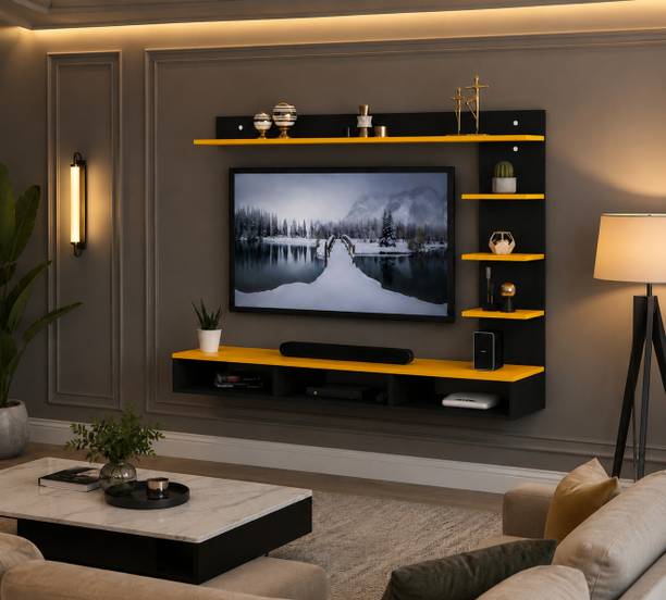 pndggroup Stylish TV Wall Unit with Open Shelves and Storage ( Black & Yellow ) Engineered Wood TV Entertainment Unit