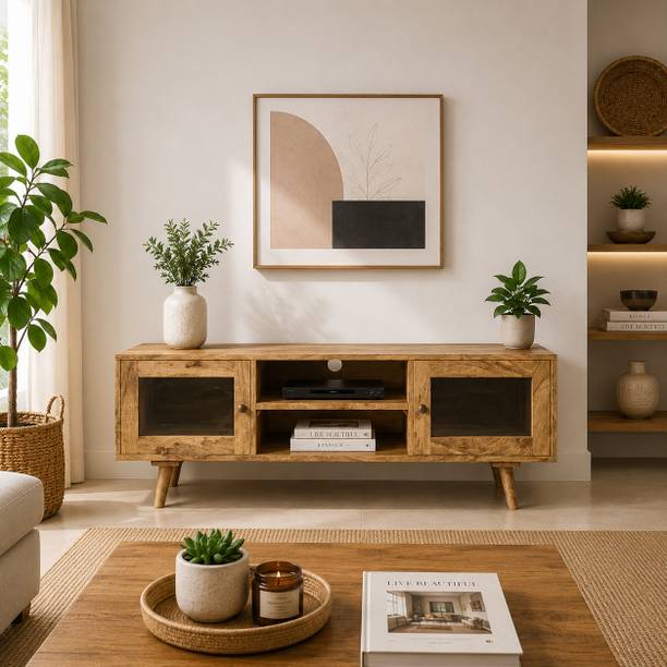THE ATTIC The Attic Janah TV Cabinet, Solid Wood TV Cabinet , Natural Matte Finish Glass Solid Wood TV Entertainment Unit