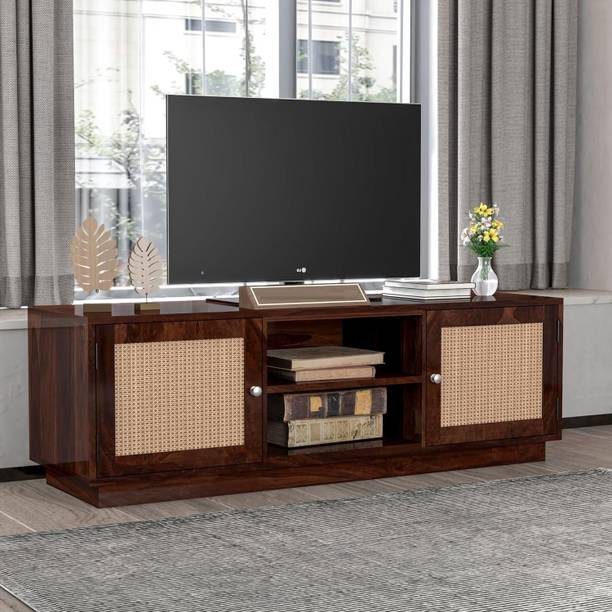 Deshnok Art Sheesham Wood TV Unit with Rattan Cane Doors | Solid Wood Cabinet with Storage Solid Wood TV Entertainment Unit