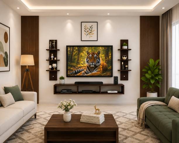 Kravique Crafts Modern Wall Mounted TV Unit with Side Shelves | Walnut Finish Engineered Wood TV Entertainment Unit