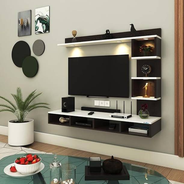 ANIKAA Kirina Wall Mount TV Unit Cabinet with LED Lights & Decorative Shelves - Boxes Engineered Wood TV Entertainment Unit