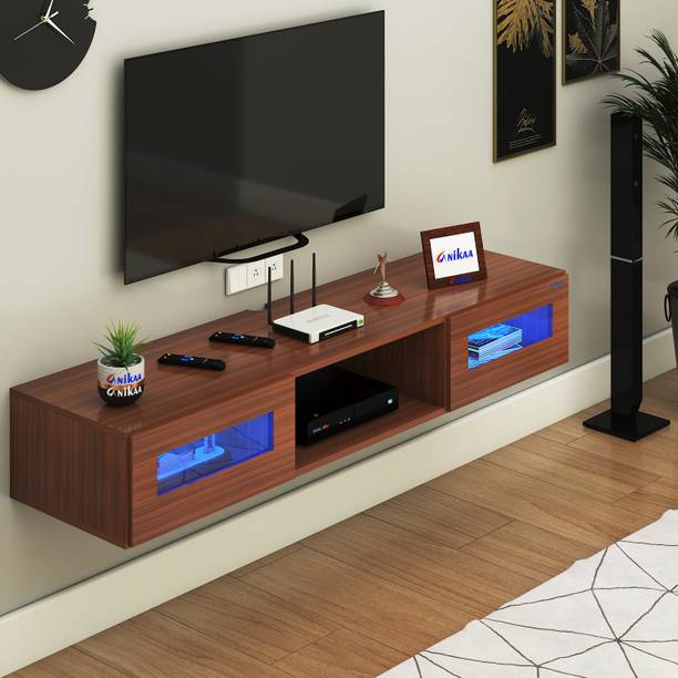 FURNIWUD Orilo Wall Mount Modern Floating TV Unit with Storage Cabinet & Blue LED Light Engineered Wood TV Entertainment Unit