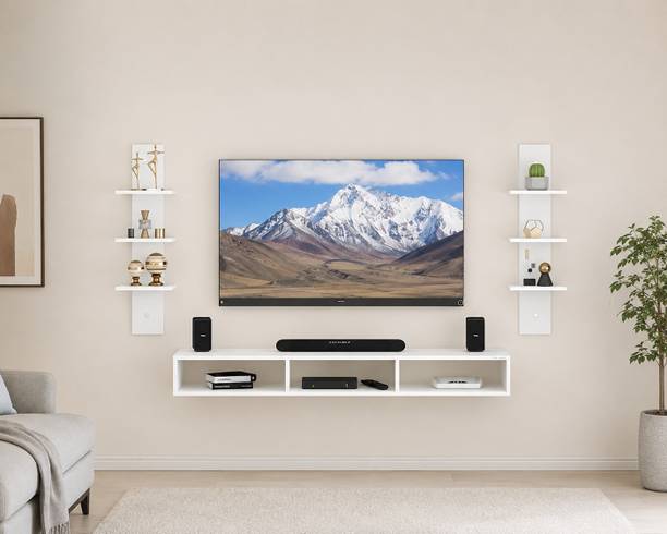 Kravique Crafts Wall Mounted TV Unit for 32 Inch TV with Floating Shelves | White Engineered Wood TV Entertainment Unit