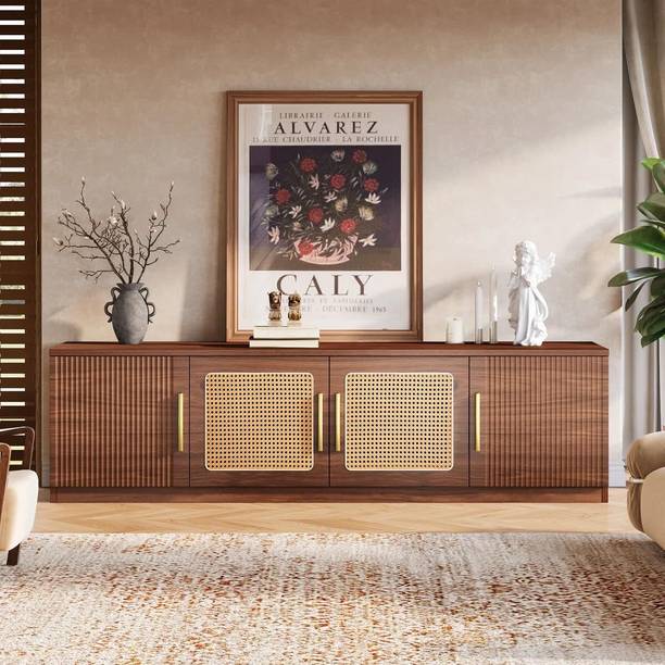 ISHIKA FURNITURE Woodera Mid-Century Modern TV Stand with Cane Webbing Door Panels Solid Wood TV Entertainment Unit
