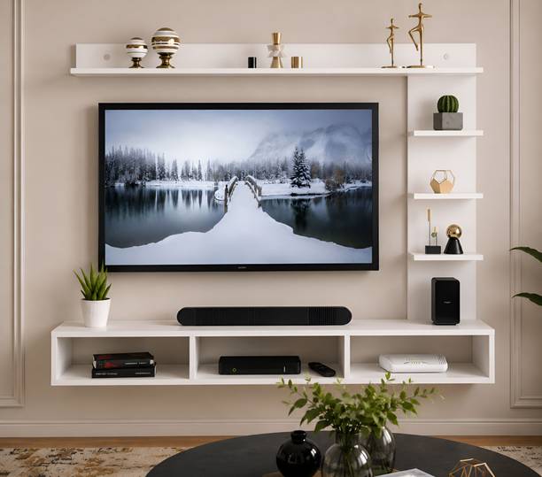 Mevyx Crafts Wood Wall Mounted TV Unit with Display Shelves and Open Storage Compartments, Engineered Wood TV Entertainment Unit