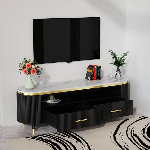 SURYAVANSHAM HANDICRAFT Luxury Fluted Marble Top Modern Art Deco Living Room Solid Wood TV Entertainment Unit
