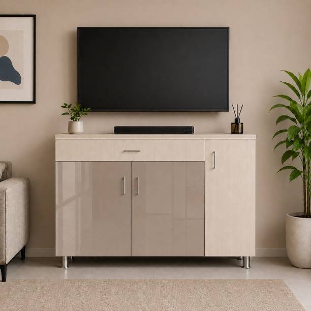 SPECIALITY PANELS High Gloss UV-Resistant 3-Door 7 Shelf TV Console with Utility Drawer Engineered Wood TV Entertainment Unit