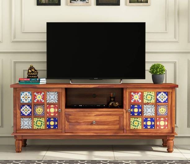 Mamata Wood Decor Sheesham Wood Classic TV Display Storage Cabinate With Door Shelfs (Teak Finish) Solid Wood TV Entertainment Unit