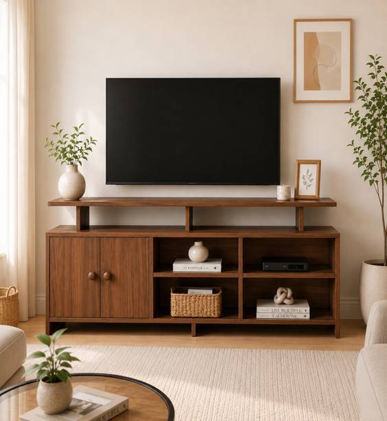 About Spaces Contemporary TV Entertainment Unit with Closed Cabinets & Open Shelves Engineered Wood TV Entertainment Unit