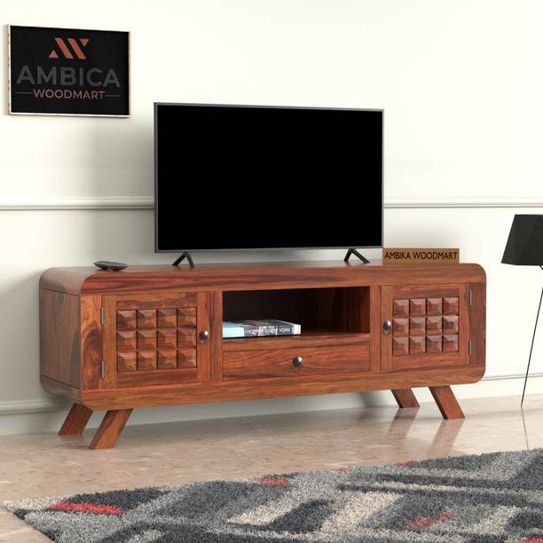 AMBICA WOODMART Free Standing TV Unit with 2 Door Cabinet &Shelf Storage Natural Honey (Diamond) Solid Wood TV Entertainment Unit