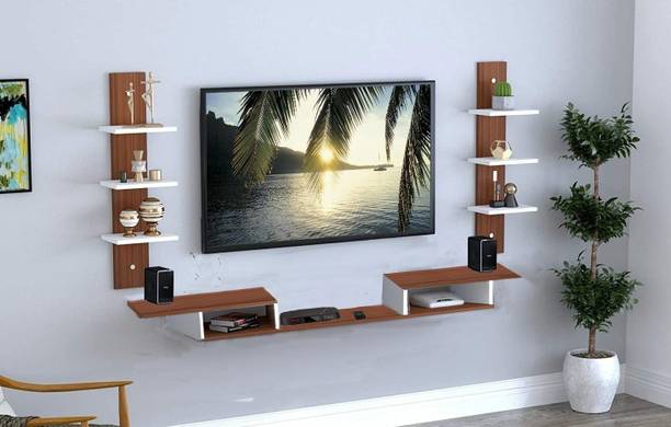 Home wood Wooden Wall Mounted TV Unit 55 Inches LED TV for Living Room (Walnut & White). Engineered Wood TV Entertainment Unit