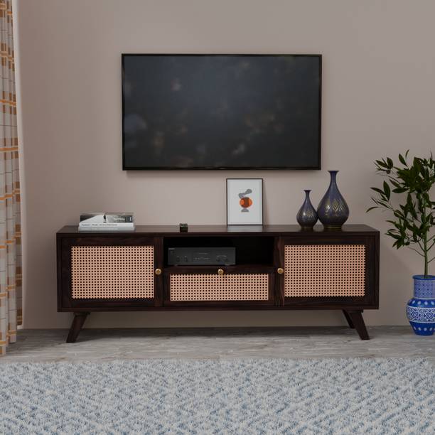 BAGARI ARTS Solid Sheesham Wood TV Unit Cabinet With Rattan Doors | Drawers & Open Shelf | Solid Wood TV Entertainment Unit