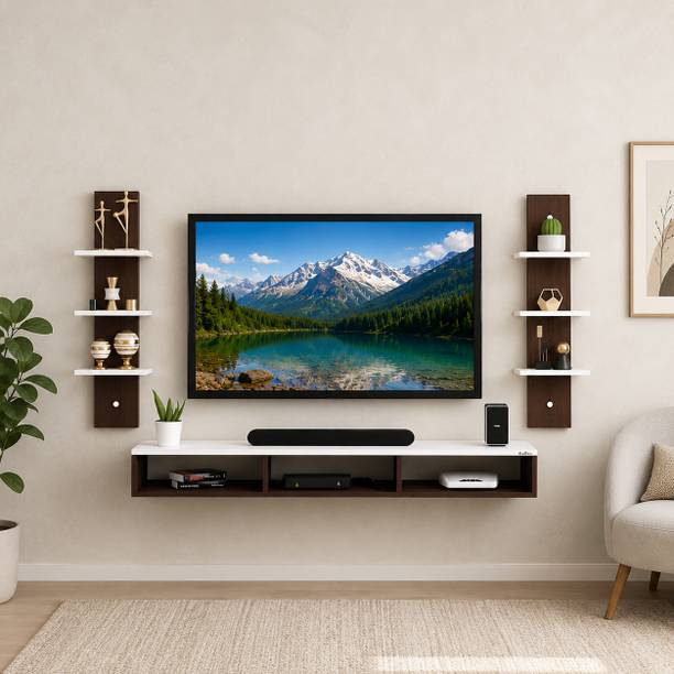 Kravique Crafts Modern TV Unit with Decorative Side Shelves | White & Walnut | 32 Inch Engineered Wood TV Entertainment Unit