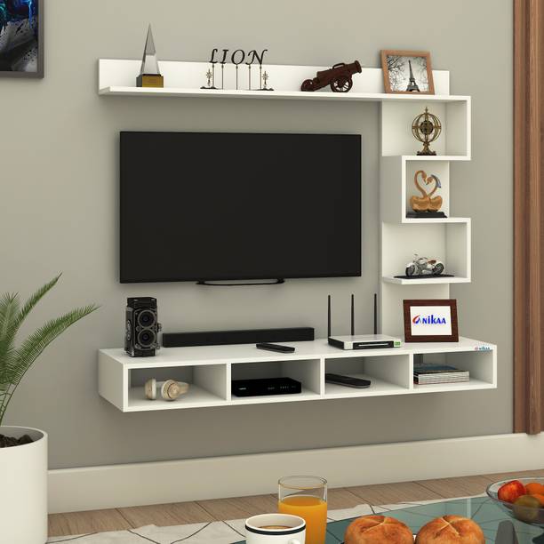 ANIKAA Laura Wall-Mount TV Unit Cabinet with Storage Box & Decorative Shelves Engineered Wood TV Entertainment Unit