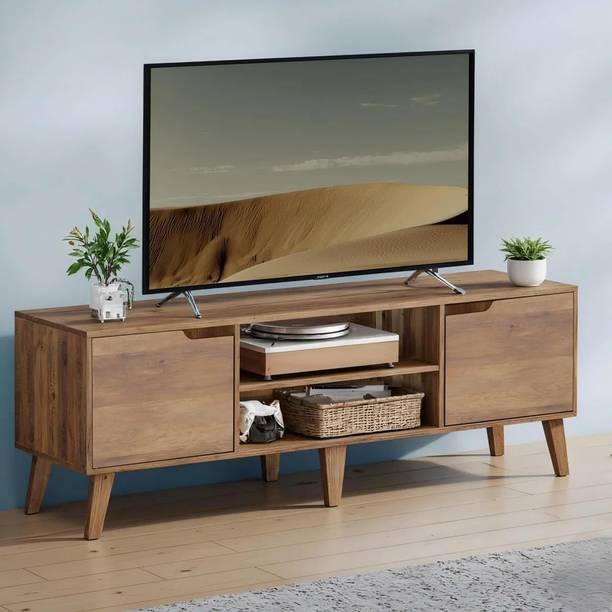 ISHIKA FURNITURE NexLiving Mid-Century Modern TV Stand, 2 Cabinets with 2 Open Shelves Solid Wood TV Entertainment Unit