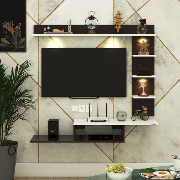 FURNIWUD Wintor Wall Mounted TV Unit with 4 LED Lights, Storage Box & Decorative Shelf Engineered Wood TV Entertainment Unit
