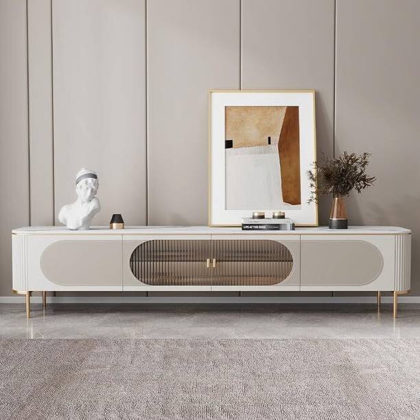NG Decor White TV Stand Sintered Stone Tabletop, Glass Doors Engineered Wood TV Entertainment Unit