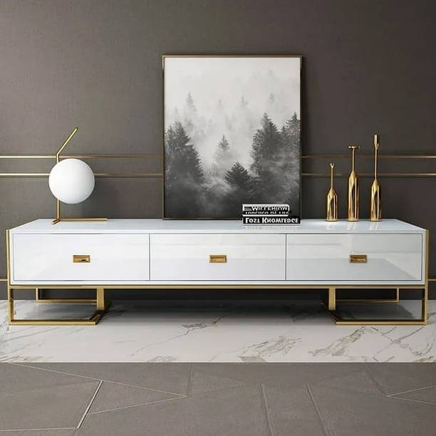 KDINTERIORS 2000mm Modern Jocise White & Gold TV Stand 3 Drawers Media Console Engineered Wood TV Entertainment Unit