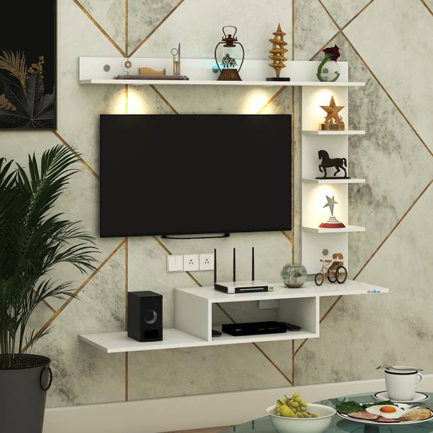 FURNIWUD Wintor Wall Mounted TV Unit with 4 LED Lights, Storage Box & Decorative Shelf Engineered Wood TV Entertainment Unit