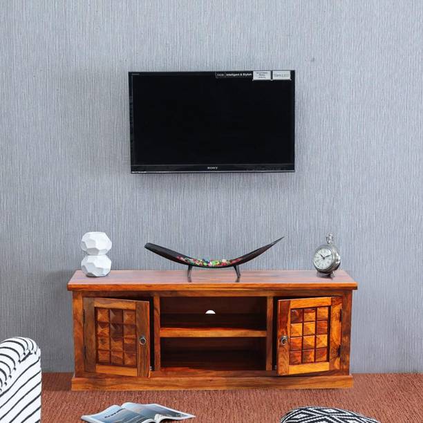 AMBICA WOODMART Free Standing TV Unit with 2 Door Cabinet &Shelf Storage Natural Honey (Diamond) Solid Wood TV Entertainment Unit