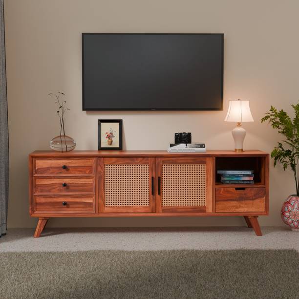 BAGARI ARTS Solid Sheesham Wood TV Unit Cabinet With Rattan Doors | Drawers & Open Shelf | Solid Wood TV Entertainment Unit