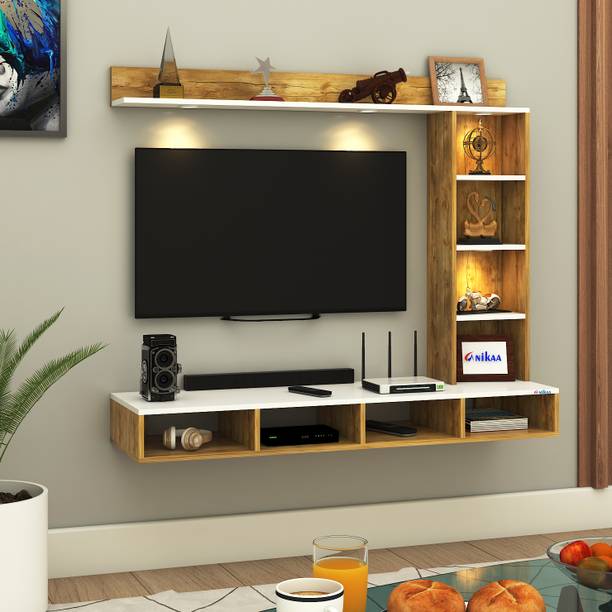 FURNIWUD Briza Wall Mounted TV Unit with 4 LED Lights,9 Open Display Boxes & Shelf Design Engineered Wood TV Entertainment Unit
