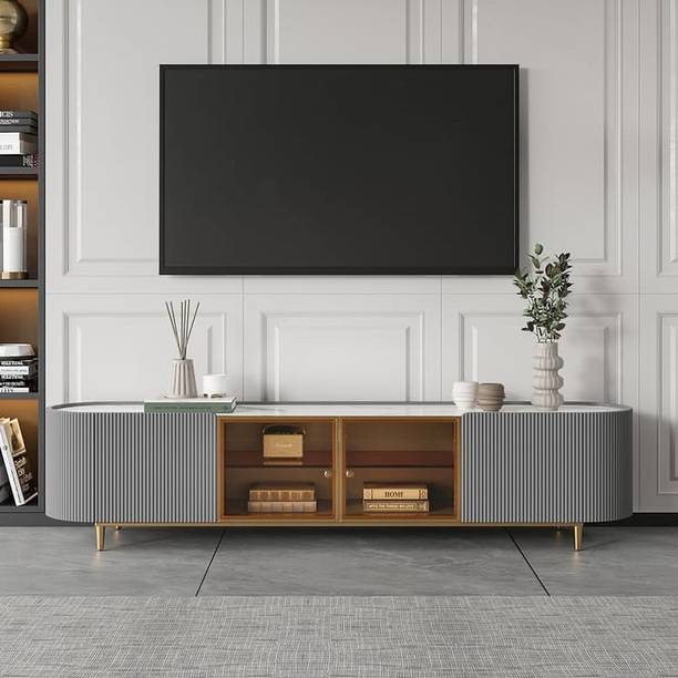 NG Decor Palley Modern Oval Gray TV Stand Console With Storage And Glass Doors Engineered Wood TV Entertainment Unit