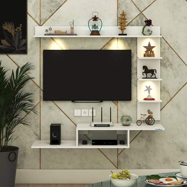 ANIKAA Wintor Wall Mounted TV Unit with 4 LED Lights, Storage Box & Decorative Shelf Engineered Wood TV Entertainment Unit