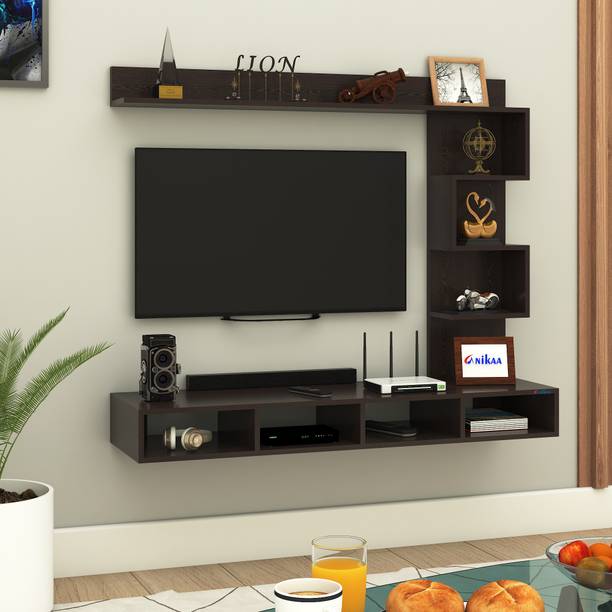 ANIKAA Laura Wall-Mount TV Unit Cabinet with Storage Box & Decorative Shelves Engineered Wood TV Entertainment Unit