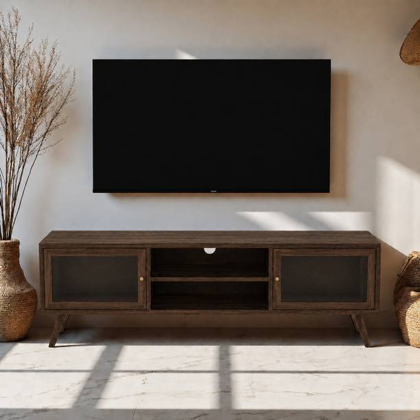 THE ATTIC The Attic Janah TV Cabinet, Solid Wood TV Cabinet , Walnut Matte Finish Glass Solid Wood TV Entertainment Unit