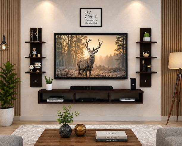 Kravique Crafts Wall Mounted TV Unit with Side Shelves | Walnut Brown | 32 Inch Engineered Wood TV Entertainment Unit