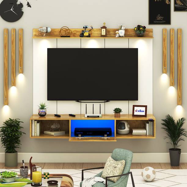 ANIKAA NovusPro Wall Mount TV Unit with PVC Back Panel,Side Wooden Side Light Panels Engineered Wood TV Entertainment Unit