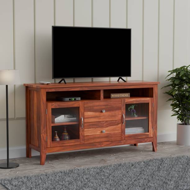 WOODTREND Solid Wood TV Unit for Living Room | Wooden Cabinet with Storage & Glass Doors Solid Wood TV Entertainment Unit