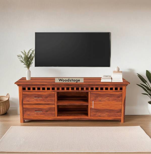 WOODSTAGE Solid Sheesham Wood Tv Storage Cabinet Solid Wood TV Entertainment Unit