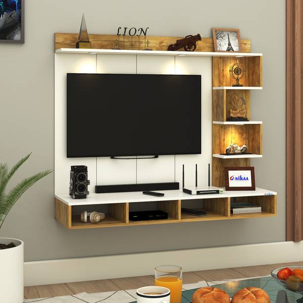 ANIKAA Kasey Wall-Mount TV Unit with PVC Back Panel & LED Lights - Storage Box Engineered Wood TV Entertainment Unit