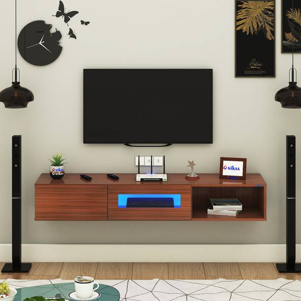 FURNIWUD Strix Wall Mount Modern Floating TV Unit with Storage Cabinet & Blue LED Light Engineered Wood TV Entertainment Unit