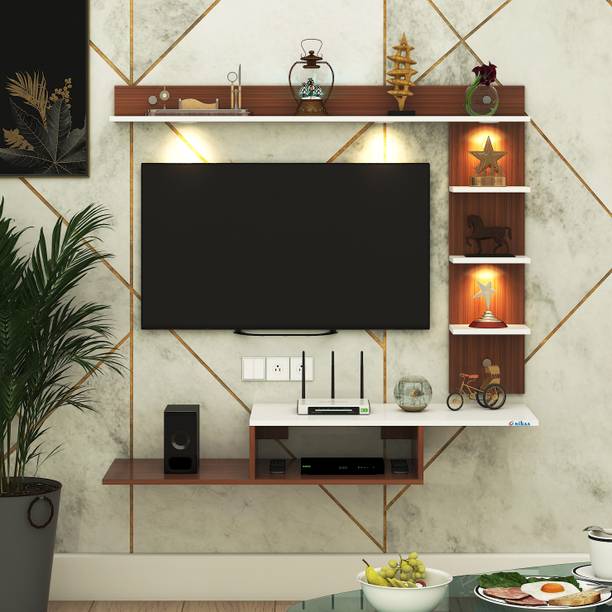 ANIKAA Wintor Wall Mounted TV Unit with 4 LED Lights, Storage Box & Decorative Shelf Engineered Wood TV Entertainment Unit