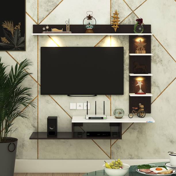 FURNIWUD Wintor Wall Mounted TV Unit with 4 LED Lights, Storage Box & Decorative Shelf Engineered Wood TV Entertainment Unit